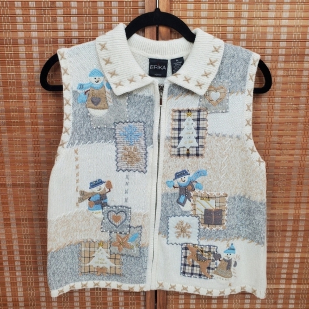 ◇ Erika Knit Zip Front Snowman Christmas Patchwork Vest Cream and Gray Size PL